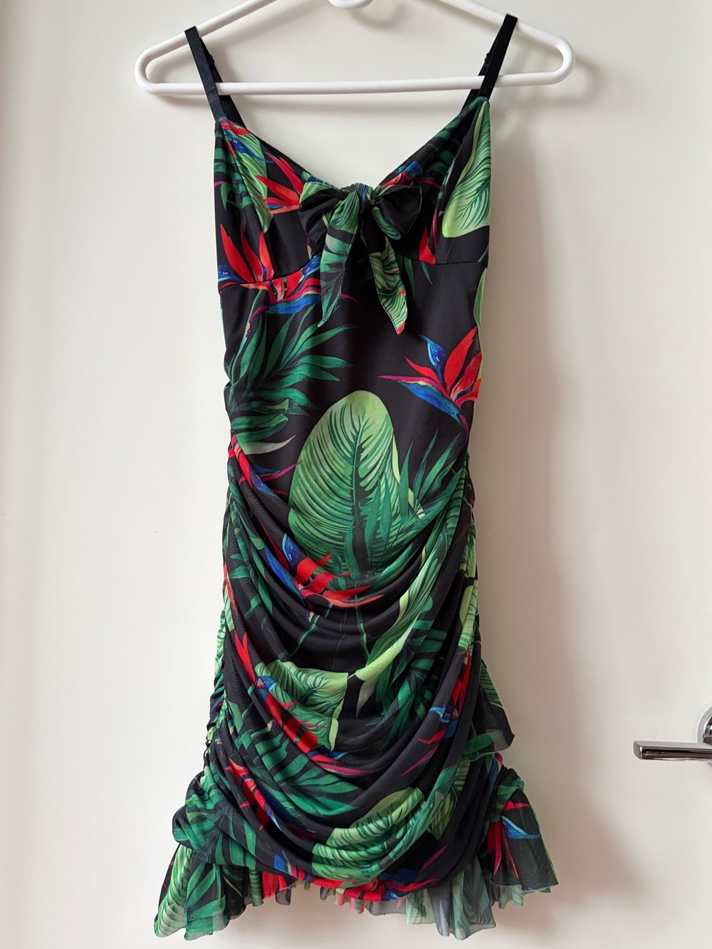 🌴✨SHO by Tadashi Shoji Tropical Ruched Mesh Mini Dress Black Green Red Size S